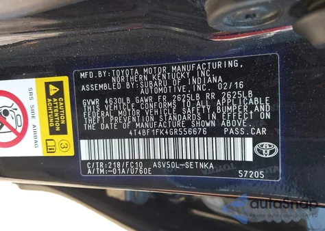 2016 Toyota Camry Le z USA, uszkodzony, nr VIN 4T4BF1FK4GR556676